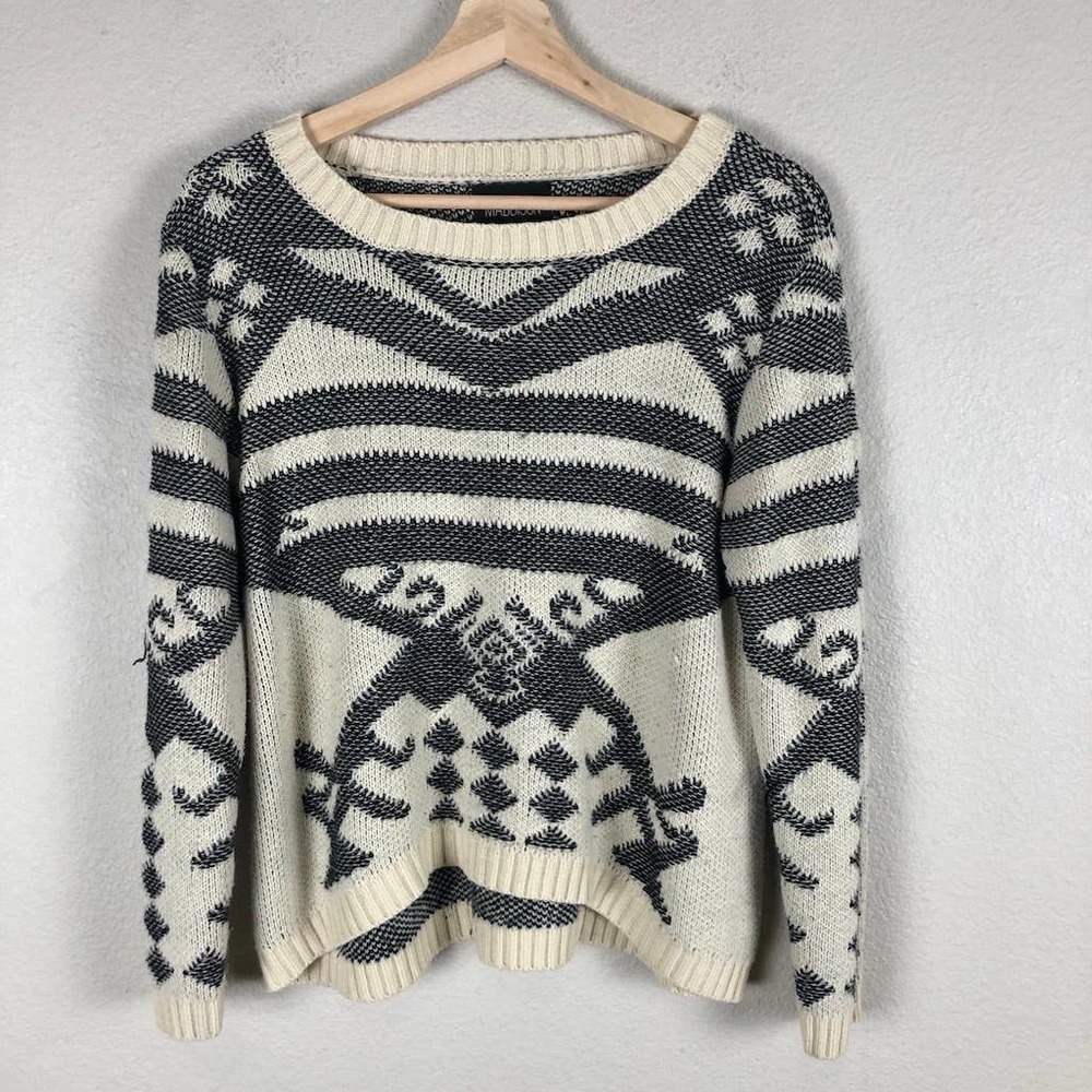 𝅺maddison Sweater Black Cream Graphic Knit High Low Casual Size Small‎